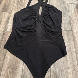 Black Ruched Keyhole One-Piece Bodysuit